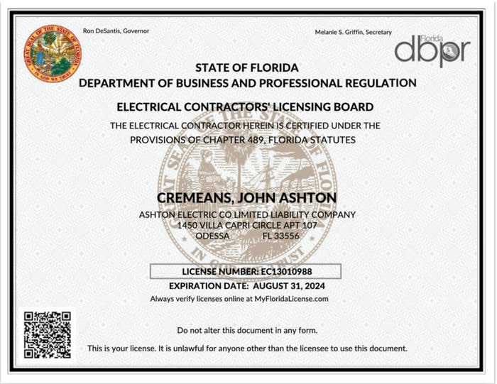 Ashton Electric Co. - Fl State Electrical License #EC13010988